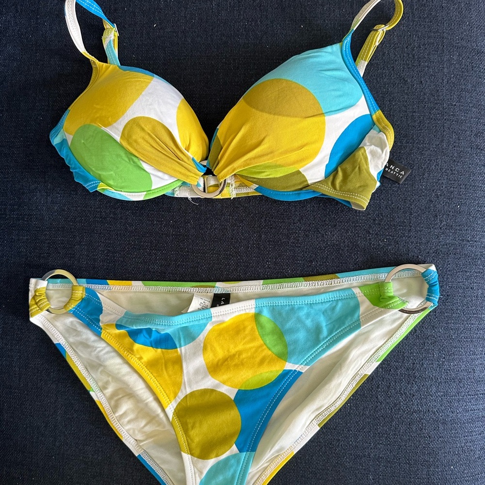 La Blanca Blue and Yellow Bikini Set with Dot Print and ring details